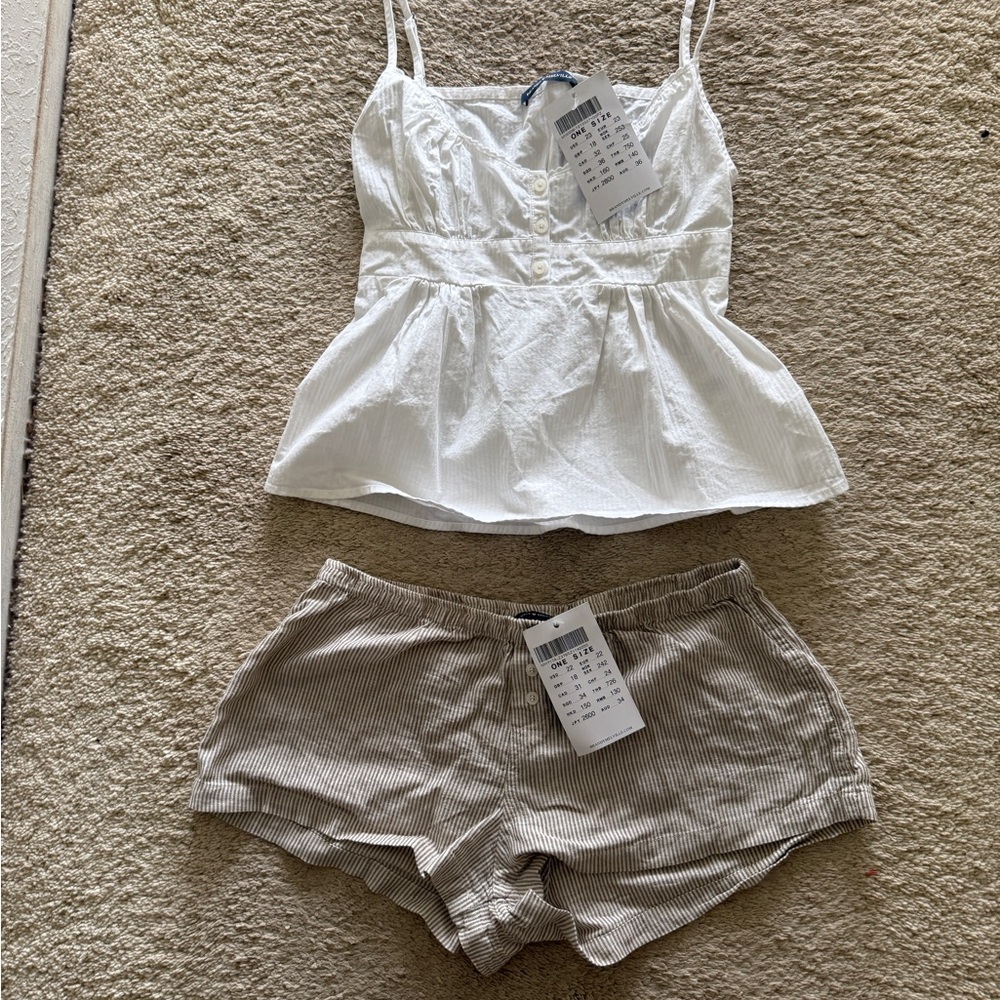 Brandy Melville White Top and Striped Brown Shorts Set (One Size)